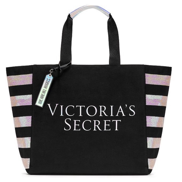 Victoria’s Secret Sequin Striped Tote Bag - Holographic, Prismatic Sequins / NEW - Picture 1 of 9